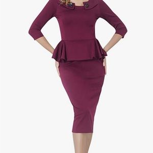 Marycrafts Women's Work Office Business Midi Dress Peplum Tea Dresses 8 Burgundy